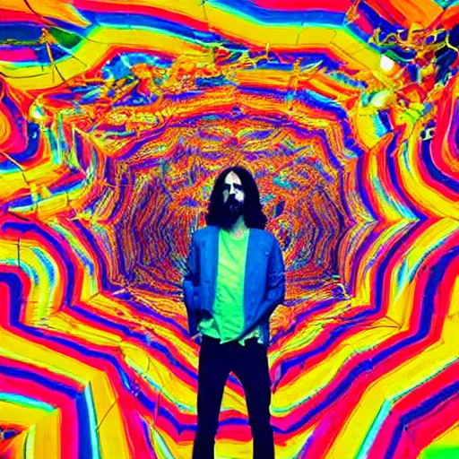 Image similar to tame impala in a psychedelic disco room