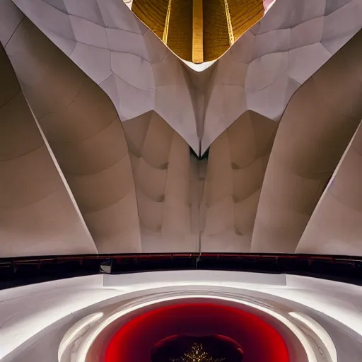 Image similar to interior of a futuristic lotus temple with gold, red and white marble panels, shafts of sunlight in the centre, in the desert, by zaha hadid, intricate contemporary architecture with art nouveau motifs, photo journalism, photography, cinematic, national geographic photoshoot