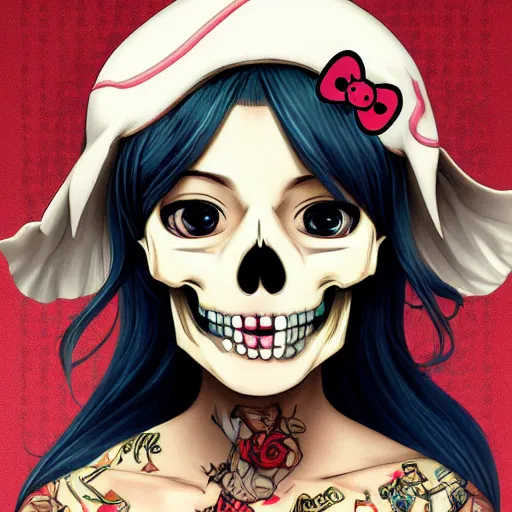 Image similar to anime manga skull portrait young woman skeleton, bikini, hello kitty, Disney , highly detailed, digital art, art by JC Leyendecker and sachin teng