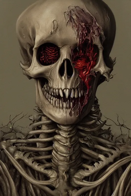 Image similar to Haunting horrifying detailed painting of a man fusing with a skeleton and fleshy growths on his face, sharp teeth and dead eyes without iris, hyper detailed, trending on Artstation
