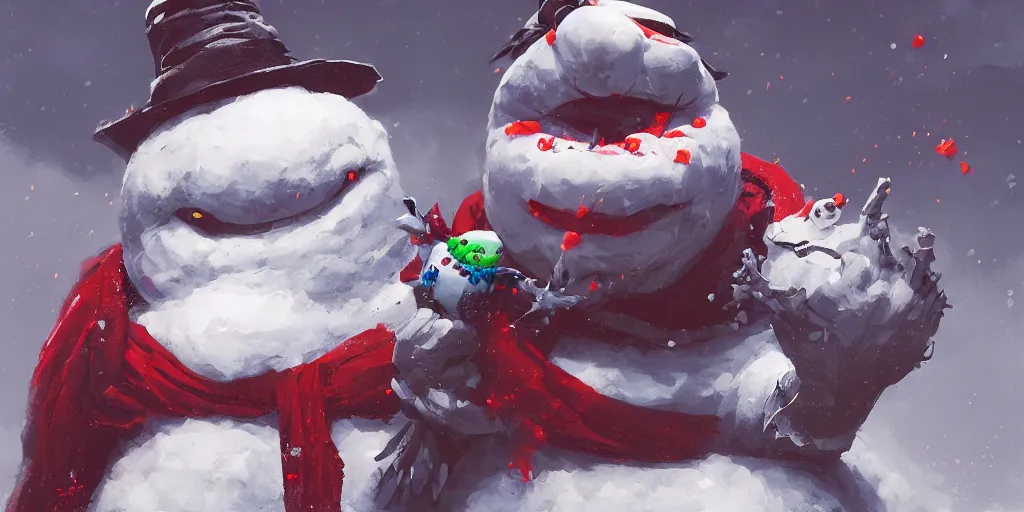 Image similar to evil snowman, colorful, contrast, kim jung gi, greg rutkowski, zabrocki, karlkka, jayison devadas, trending on artstation, 8 k, ultra wide angle, pincushion lens effect