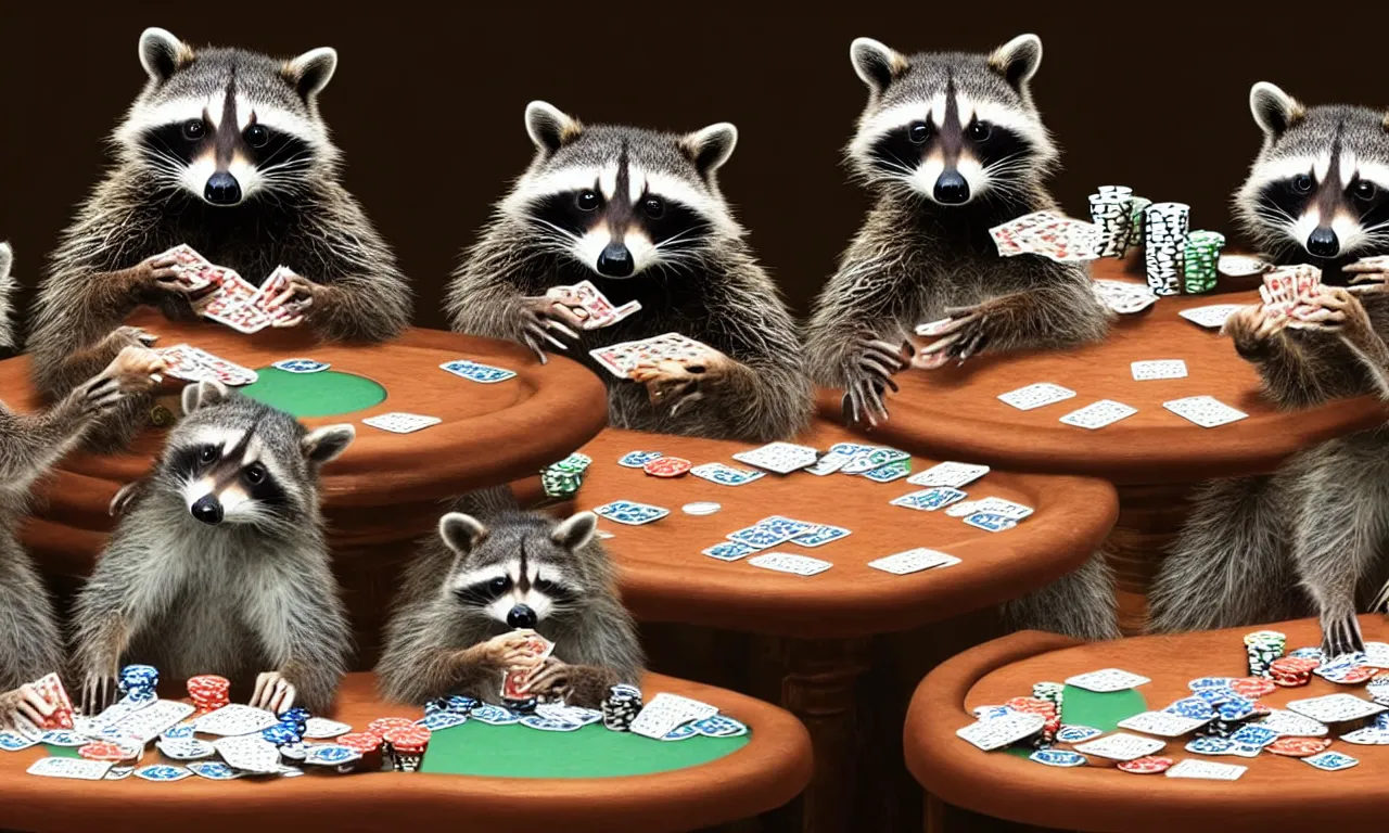 Prompt: three raccoons playing poker at a dinner table, a flash photograph