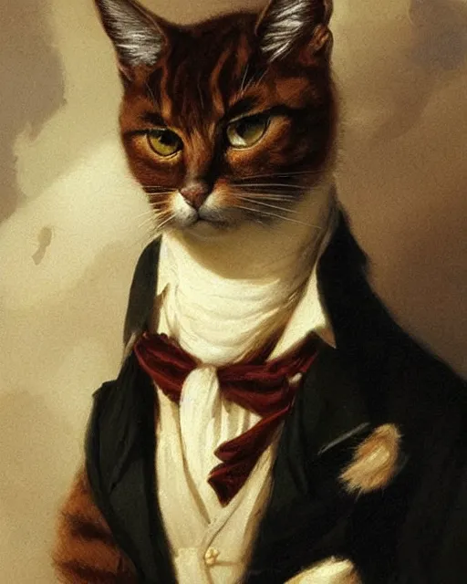 Image similar to cute brown cat with serious expression wearing regency era menswear in navy and white, thomas lawrence, greg rutkowski