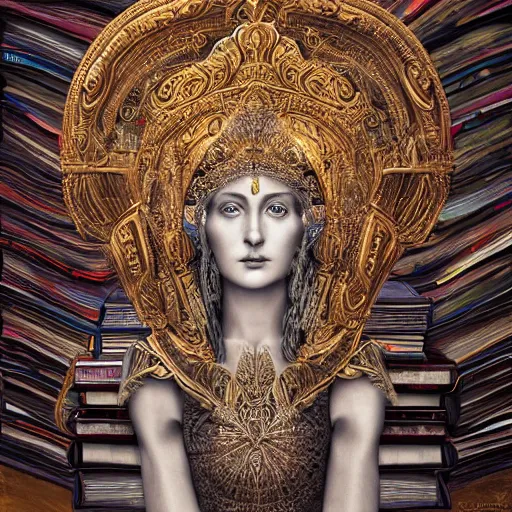 Image similar to 3 d goddess minerva, medium shot portrait. beautiful hyperrealistic intricate highly detailed and richly embroidered with esoteric symbols gown, surrounded by stacks of books bioluminescent, curious, plasma, 4 k surrealism