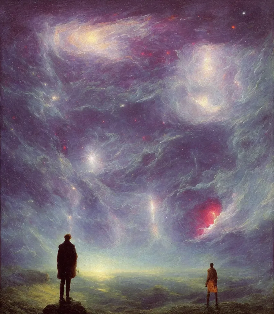 Image similar to an impasto oil painting of a futuristic wanderer gazing into a misty universe full of mystical colorful light nebulae and galaxie spainted by caspar david friedrich, light colors, impressionism