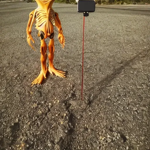 Prompt: an alien taking a selfie on earth