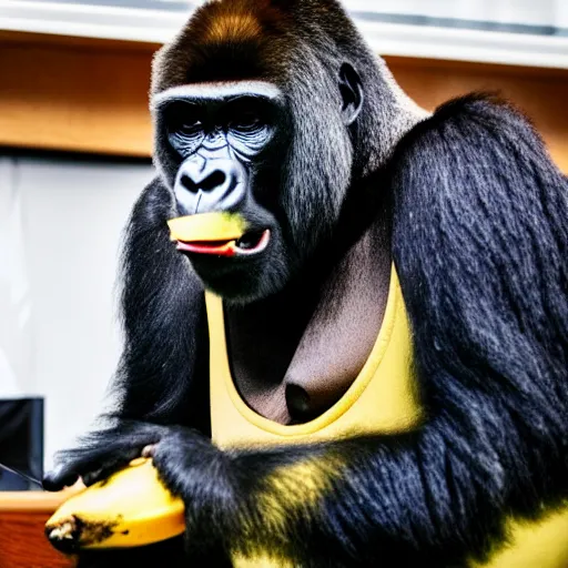 Image similar to A gorilla with banana speaking at a NATO meeting