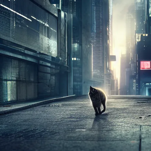 Image similar to photo of a cat walking through a dystopian futuristic cyberpunk city, highly detailed, high quality, HD, 4k, 8k, Canon 300mm, professional photographer, 40mp, lifelike, top-rated, award winning