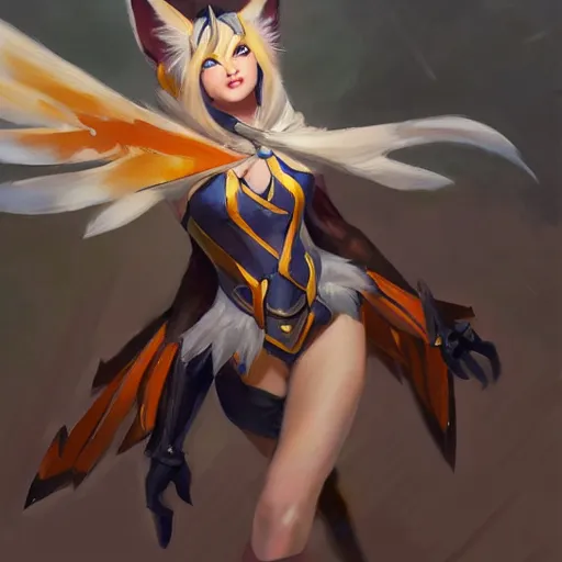 Image similar to greg manchess portrait painting of partially armored ahri from league of legends as overwatch character, medium shot, asymmetrical, profile picture, organic painting, sunny day, matte painting, bold shapes, hard edges, street art, trending on artstation, by huang guangjian, gil elvgren, ruan jia, randy vargas, greg rutkowski