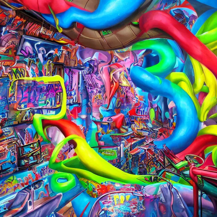 Prompt: graffiti twisted forms, inside the colorful 3 d graffiti realm, high definition image, extremely detailed and intricate