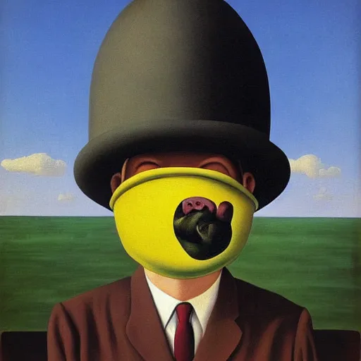 Prompt: surrealist painting of man with a pig's snout instead of a nose, René Magritte
