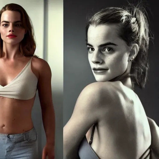 Image similar to a woman who is a genetic combination of margot robbie and emma watson face and upper - body focus