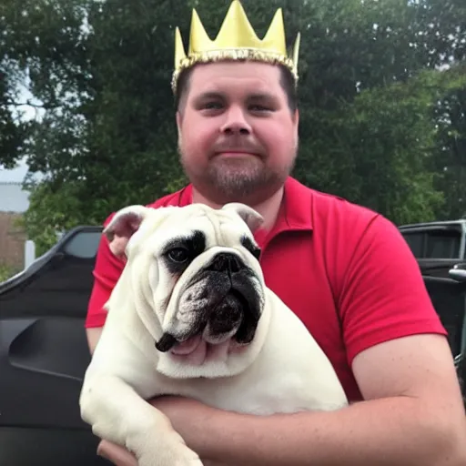 Image similar to a homless man holding an english bulldog wearing a crown