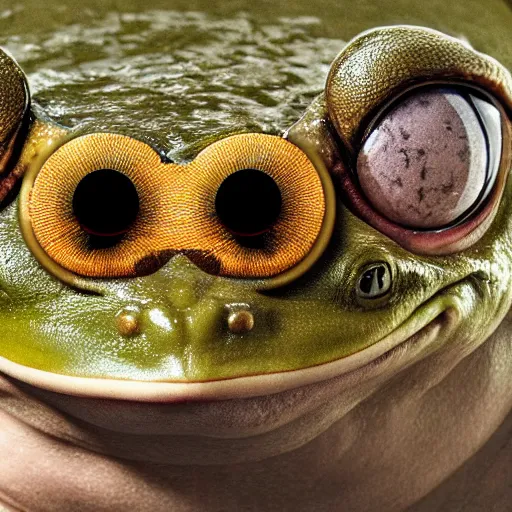 Prompt: hyperrealistic mixed media image of a ( ( frog ) ) whose head resembles alex jones, stunning 3 d render inspired art by greg rutkowski and xiang duan and thomas eakes, perfect symmetry, flesh texture, realistic, highly detailed attributes and atmosphere, dim volumetric cinematic lighting, 8 k octane detailed render, post - processing, masterpiece,