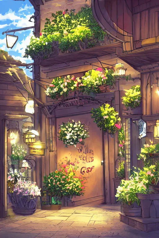 Image similar to a little flower shop's front gate, refreshing, digital illustration, pixiv, dramatic lighting