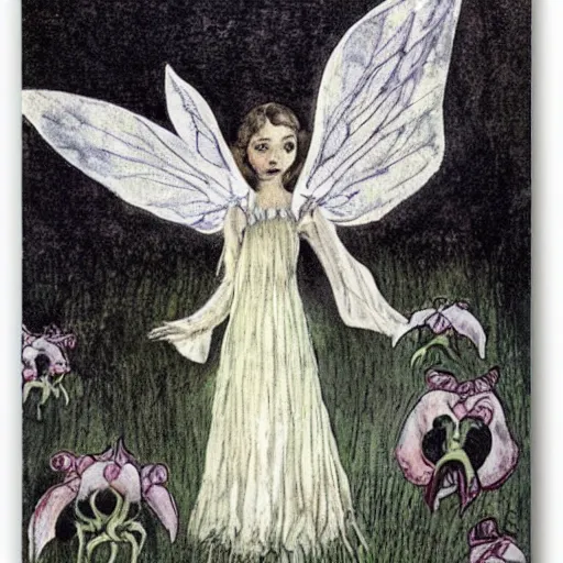 Prompt: fairy with wings in a black gown gathering deadly nightshade by Cicely Mary Barker