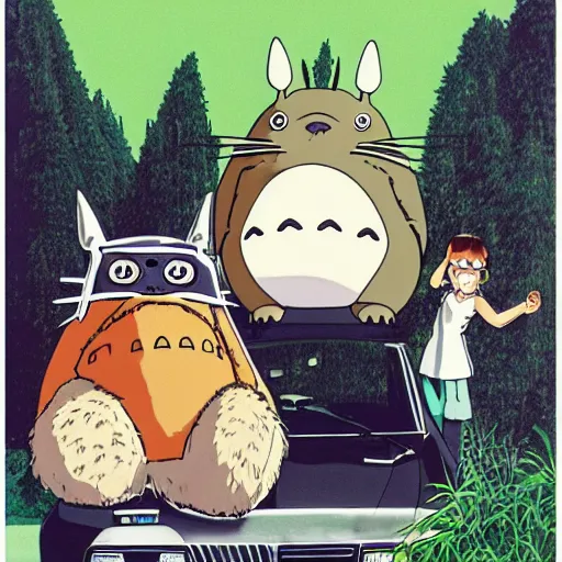 Prompt: totoro in a 1 9 9 0 s russian sitcom poster, wearing a suit with sunglasses. a lada is behind totoro with rust damage.