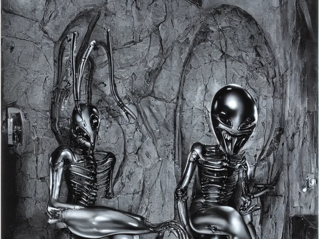 Image similar to H.R. Giger alien sitting on the toilet. Color photograph from 1990’s color sci-fi film.