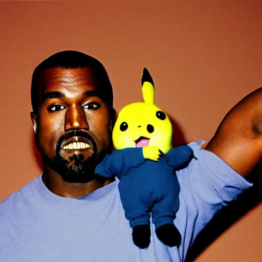 Image similar to kanye west smiling holding pikachu for a 1 9 9 0 s sitcom tv show, studio photograph, portrait c 1 2. 0