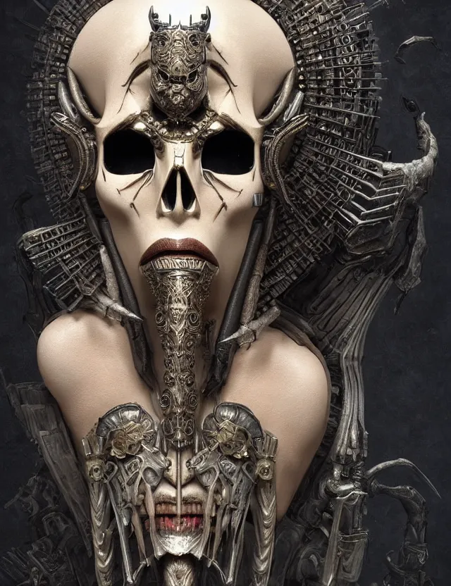 Prompt: 3 d goddess close - up profile portrait russian batman with ram skull. beautiful intricately detailed mask and weapon. artwork by giger and dali and beeple and greg rutkowski