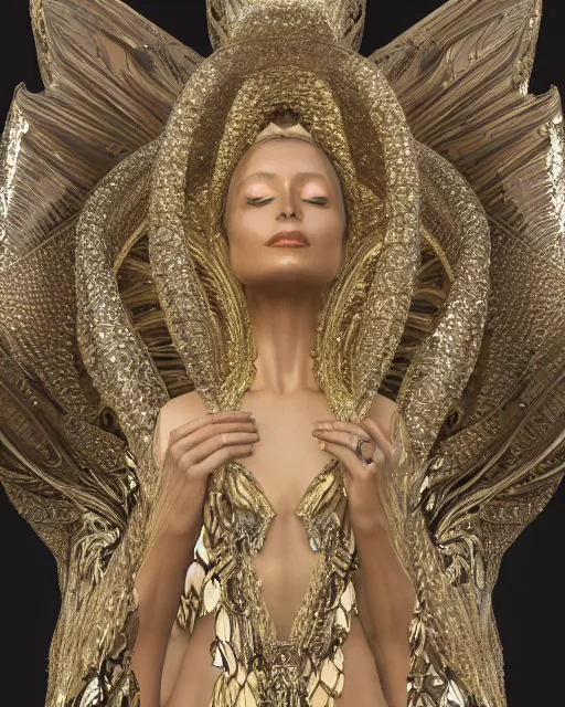 Image similar to a highly detailed metahuman 4 k close up render of an alien goddess bella hadid monument indian sculpture in iris van herpen dress schiaparelli in diamonds crystals swarovski and jewelry iridescent in style of alphonse mucha gustav klimt trending on artstation made in unreal engine 4