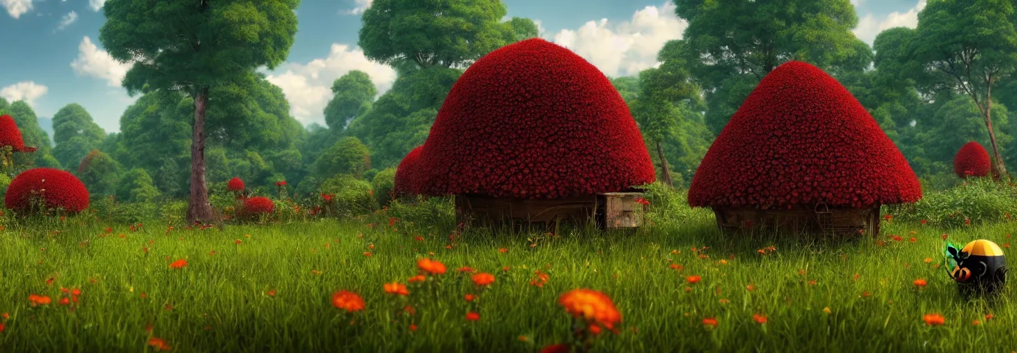 Image similar to crimson - black beehive, large bee hive, in a beautiful forest meadow village landscape, flowers, happy trees, photorealistic, octane render, rtx, hdr, unreal engine, digital art widescreen 8 k, studio ghibli, bob ross, pixar, bee movie, disney