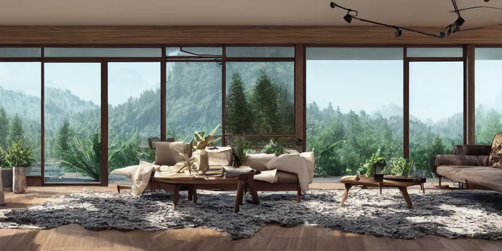 Prompt: a beautiful modern living room with wood floors, large windows with a beautiful view, an area rug, plants, forest, mountains, realistic, hd, 8 k, digital rendering, unreal engine, blender, octane, maya