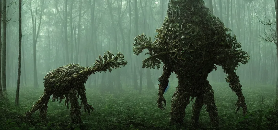 Image similar to a complex organic fractal 3 d metallic symbiotic ceramic humanoid megastructure creature in a swampy lush forest, foggy, cinematic shot, photo still from movie by denis villeneuve, wayne barlowe