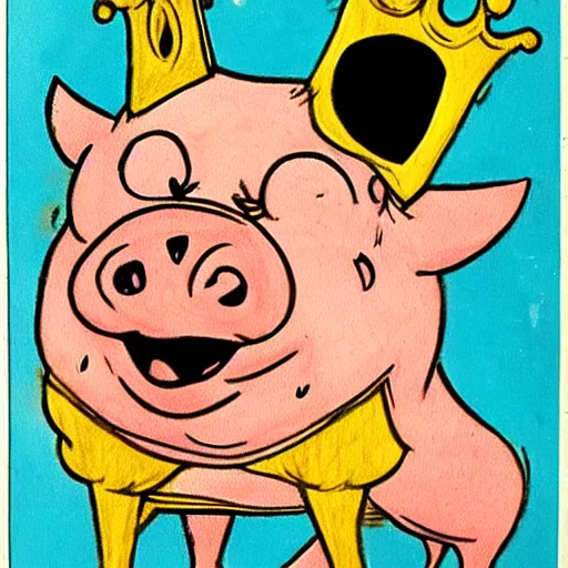 Prompt: al capp drawing of a pig wearing a gold crown