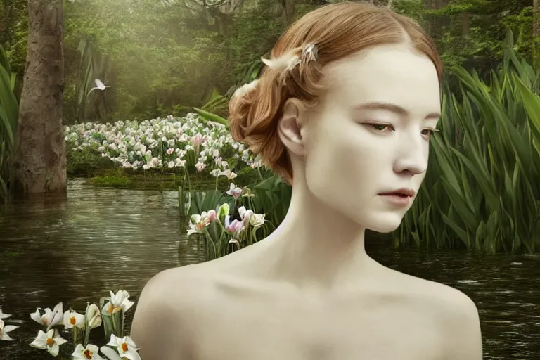 Prompt: cinematic 3 d portrait of a white porcelain woman's head and shoulders floating in a pond, surrounded by a forrest of lillies, deep focus, intricate, elegant, highly detailed, matte, sharp focus, by james jean and kim jung gi