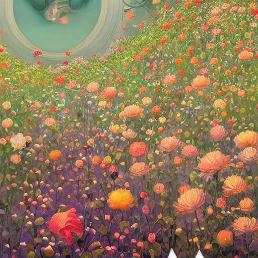 Prompt: hyper detailed illustration - flowers everywhere, long petals, entangled foliage, glowing blossoms, huge blossoms, by James Jean, Masterpiece, Edward Hopper and James Gilleard, Ross Tran, Mark Ryden, Wolfgang Lettl, hints of Yayoi Kasuma, surreal