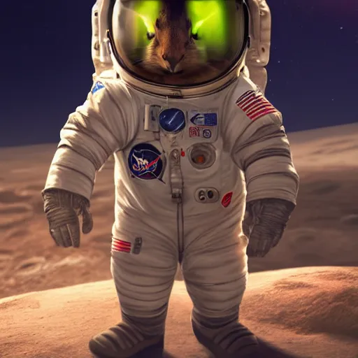 Image similar to an adorable chipmunk in an astronaut suit on the moon, warm lighting with cool shadows, digital painting, detailed, trending on artstation, in the style of dominik mayer thomas dubois, gaston bussiere, 8 k, octane render