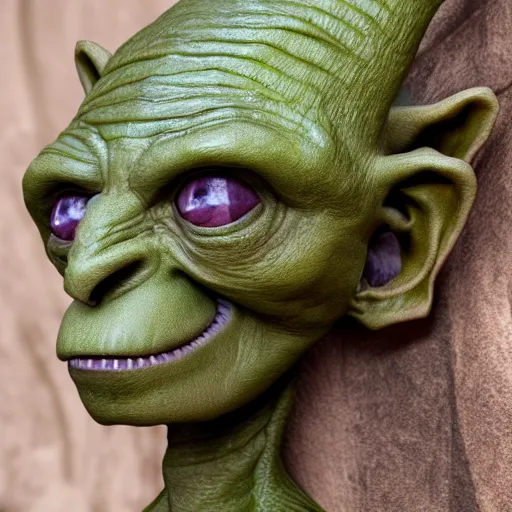 Prompt: portrait of a goblin. Green skin, pointy nose and evil grin. Detailed face. Photo 8K.