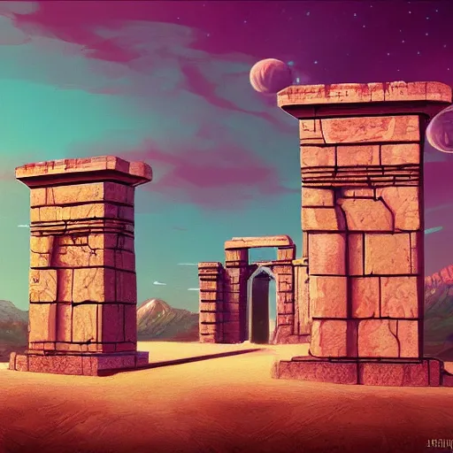Image similar to ancient argentinian structures, retrowave epic art, trending on art station