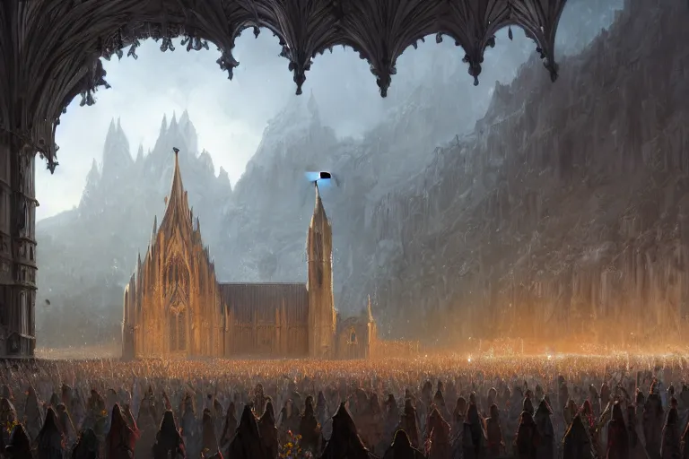 Prompt: gathering outside of extremely large church, mountainous, beautiful, d & d, fantasy, intricate, elegant, highly detailed, digital painting, epic wide shot, trending on artstation, concept art, matte, sharp focus, illustration, art by noah bradley, scott m fischer, greg rutkowski, john avon