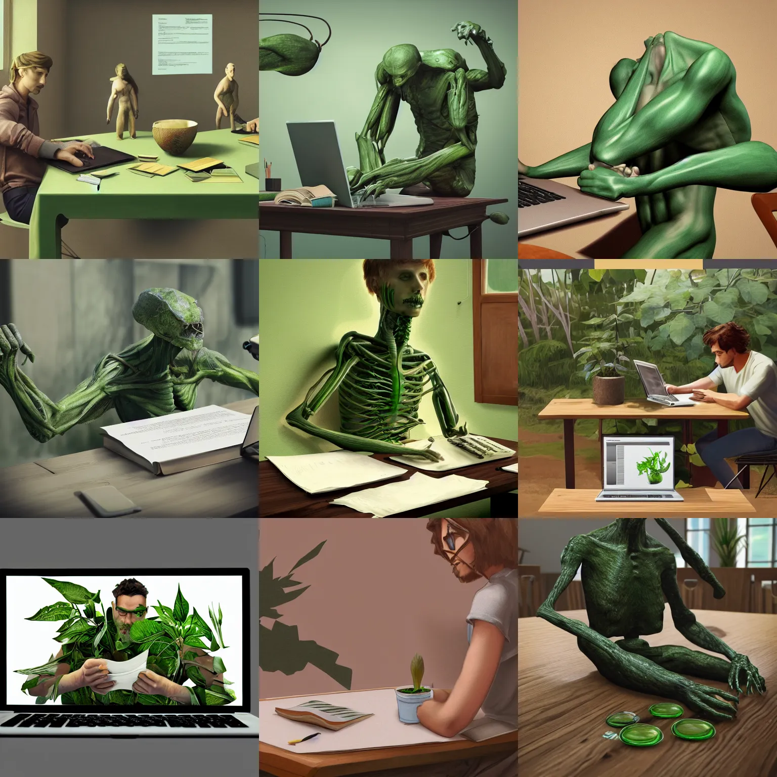 Prompt: photo of green wild plant with human arms sitting at the table with opened laptop and many written papers, textbooks and books, artstation, award winning, 8k, realistic, hd