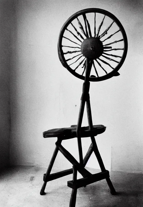 Image similar to a spinning wheel sitting on top of a stool, a surrealist sculpture by marcel duchamp, behance, fluxus, studio portrait, academic art, studio light, grainy 3 5 mm film