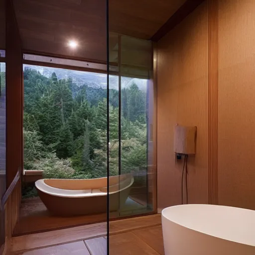 Prompt: a nice wooden bathroom , sink placed in a long wooden corner, wide horizontal window with a view to the Alpes, a technologic Japanese toilet, dichroic lights on the ceiling