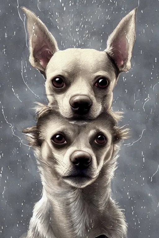 Image similar to God had dog Chihuahua's head, a radiant halo and crown, detailed face, gorgeous, very muscular male body, partial anatomy, stormy background, delicate and intricate borders for decoration, caesar victorious, proud Emperor, character close-up, intricate, highly detailed, 8K, digital painting, fantasy, concept art, sharp focus, art by greg rutkowski beeple and alphonse mucha