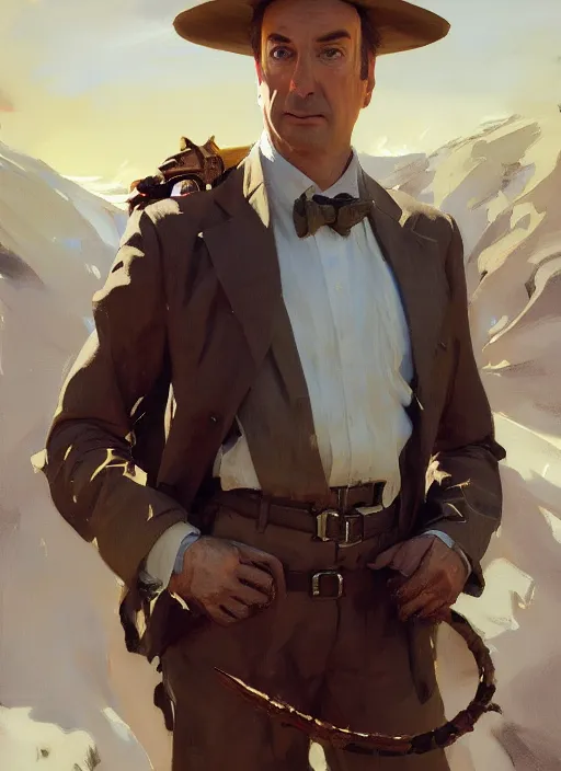 Image similar to portrait of saul goodman, jodhpurs hyperborea winter traveler treasure hunter greg manchess painting by sargent and leyendecker, fantasy, medium shot, asymmetrical, intricate, elegant, matte painting, illustration, hearthstone, by rhads, by greg rutkowski, by greg tocchini, by james gilleard, by joe fenton