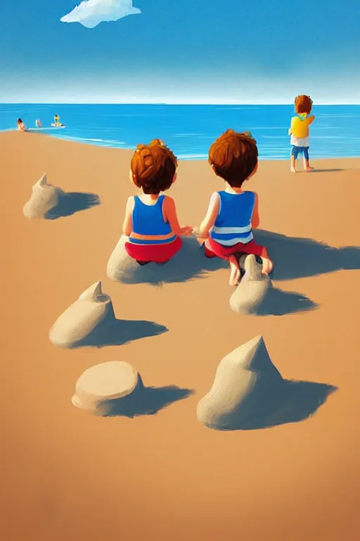 Prompt: Two children sitting on the beach, making sandcastles, blue sky, digital painting, artstation, children's book, smooth, sharp focus, behance, HD, by Benji Davies