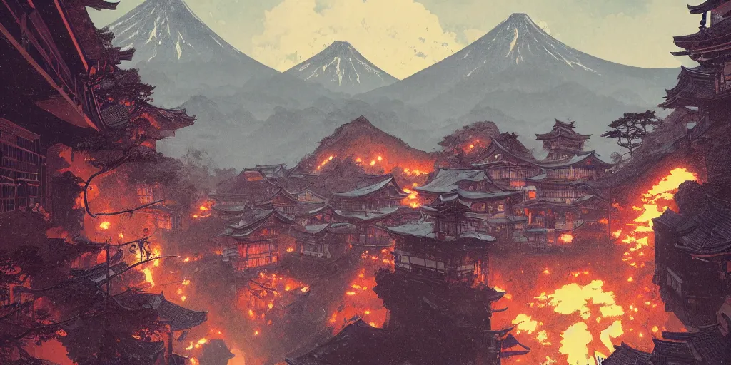 Prompt: a powerful japanese village high in mountains, volcano, mystical power steam, concept art by greg rutkowski and laurie greasley, fantastic landscape, 8 k, cinematic color grading