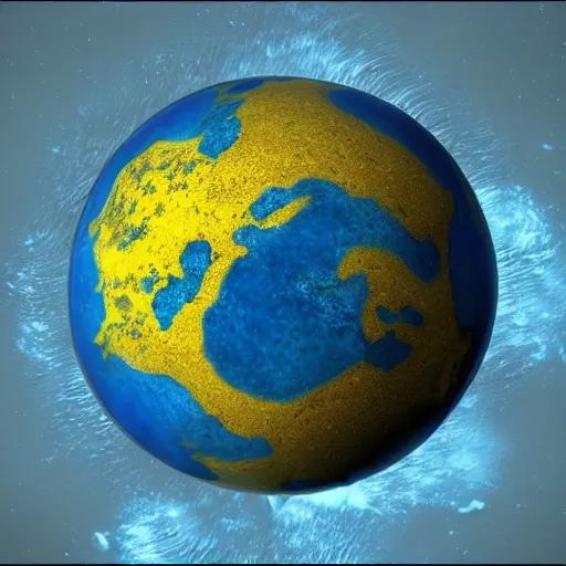 Prompt: realistic photo of a rocky alien planet with water seen from an space probe, with blue and yellow continents, unreal engine, blender.