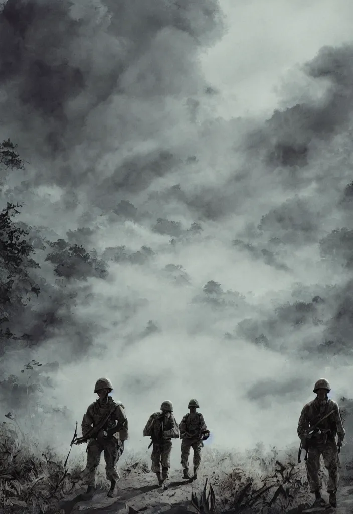 Prompt: handmade illustration of an epic and dramatic Vietnam war scene with a few american soldiers walking, the jungle at the background, some mist grey smoke and fire, blue sky with dramatic clouds, line art, ink, ol on canvas by Kilian Eng and by Jake Parker, heavy brushstrokes, winning-award masterpiece, fantastic, octane render, 8K HD Resolution, High quality image