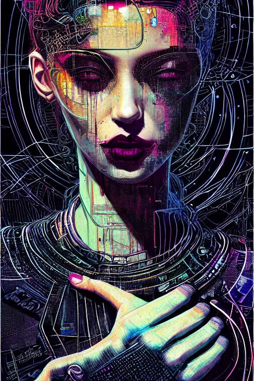 Prompt: dreamy cyberpunk girl, abstract black leather, digital nodes, beautiful woman, detailed acrylic, grunge, intricate complexity, by dan mumford and by alberto giacometti, peter lindbergh