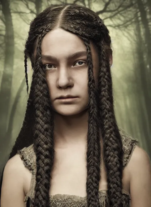 Prompt: a beautiful, smooth octane render of a daughter of the moon clan, with long, black, braided hair. nightime, low light, dark forest. strong, dabbled light falls on her face. closeup photography. macro detailed oily skin. highly detailed, sharpness. victorian dress. hyper realistic. canon eos ef 5 0 mm.