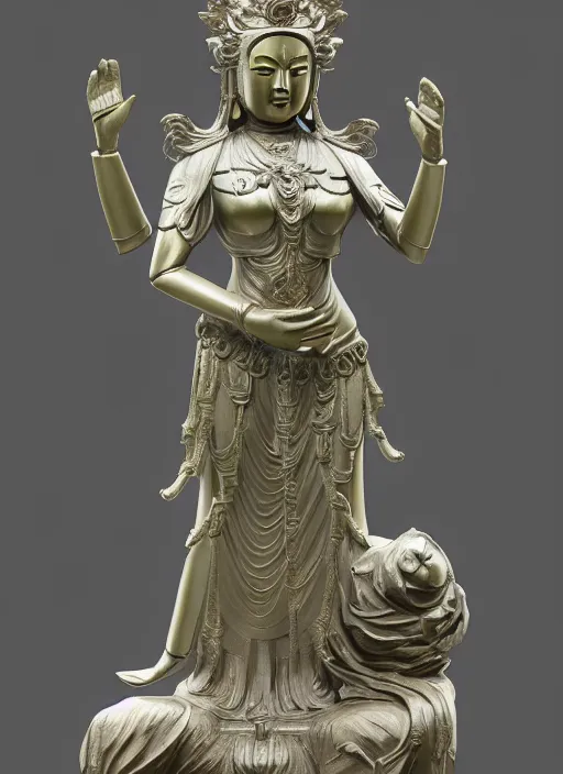 Image similar to a art deco sculpture statue of full body guanyin, intricate complexity,, statue by jane hamilton, ruan jia, character concept, radiant light,, frostbite 3 engine, cryengine, dof, trending on artstation, digital art, fantasy detailed abackground