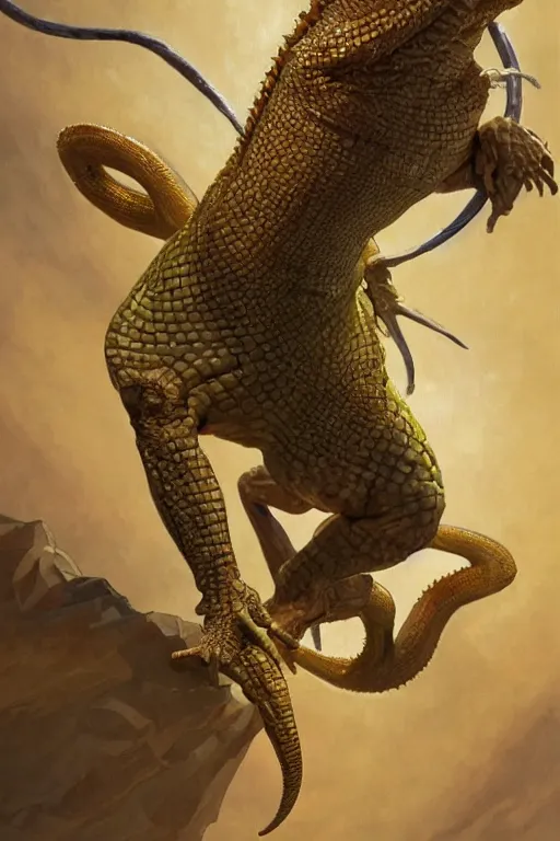 Image similar to fullbody!! dynamic action pose, jesus christ portrayed as a lizard reptile man, intricate, elegant, highly detailed, digital painting, artstation, concept art, smooth, sharp focus, illustration, art by artgerm and greg rutkowski and alphonse mucha