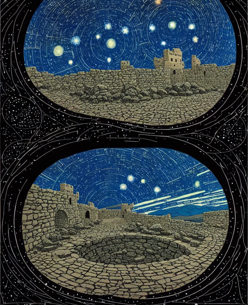 Image similar to stone wall inside of a majestic castle, round window looking out to the starry night sky, high details, intricately detailed, by vincent di fate, inking, 3 color screen print, masterpiece, trending on artstation,, sharp, details, hyper - detailed, hd, 4 k, 8 k