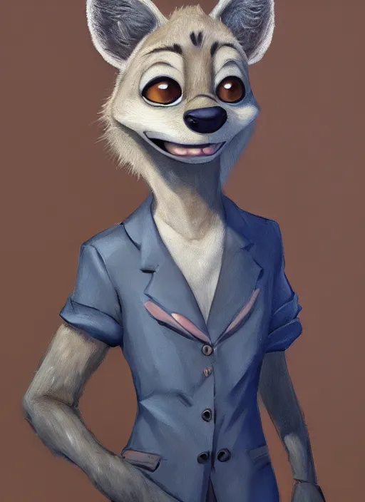 Image similar to oil painting detailed full body of anthromorphic female hyena, in style of zootopia, zootopia, zootopia, fursona, furry, furaffinity, 4 k, deviantart, furry art, fursona art, wearing black business suit, in style of zootopia, hyena fursona, cyberpunk, female, expressive, detailed feminine face,